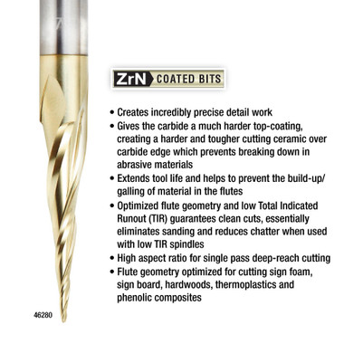 Amana Tool 46282 CNC 2D and 3D Carving 5.4 Deg Tapered Angle Ball Nose x 1/16 D x 1/32 R x 1 CH x 1/4 SHK x 3 Inch Long x 4 Flute SC ZrN Coated Upcut Router Bit