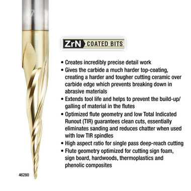 Amana Tool 46282 CNC 2D e 3D Carving 5.4 Deg Tapered Angle Ball Nose x 1/16 D x 1/32 R x 1 CH x 1/4 SHK x 3 Inch Long x 4 Flute SC ZrN Coated Upcut Router Bit