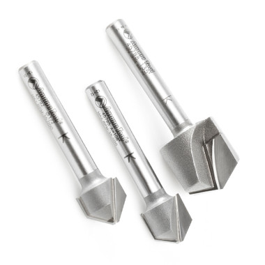 Amana Tool AMS-140 3-Pc Hartmetall bestückt V-Nut 90, 108 und 135 Grad für Double Edge Folding Aluminium Verbundwerkstoff (ACM) Panels, 1/4 Zoll SHK Router Bit Collection