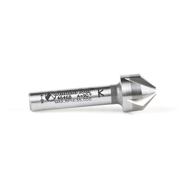 Amana Tool 46468 CNC Fresa de carburo sólido en ángulo de 90 grados x 1/2 D x 5mm CH x 1/4 SHK x 1-9/16 pulgadas de largo, fresa de 5 hélices para avellanar y biselar