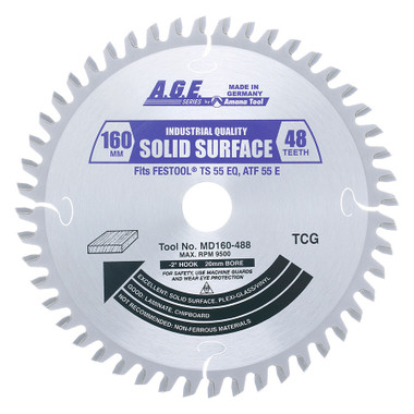 AGE Series MD160-488 For Festool Track Saw Machine Carbide Tipped Saw Blade 160mm D x 48T M-TCG, -2 Deg, 20mm Bore for Cutting Solid Surface Materials