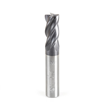 Amana Tool 51609 Spirale en carbure massif CNC à hélice variable pour l'acier inoxydable, l'acier, le titane, la fonte et le cermet avec revêtement AlTiN 4 goujures x 1/2 Dia x 1 Cut Height x 1/2 Shank x 3 Inches Long Up-Cut CNC Corner Radius Bottom End Mill