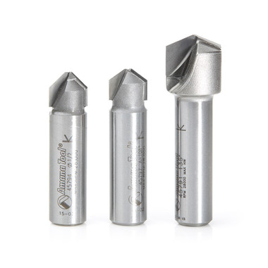 Amana Tool AMS-147 3-Stück Hartmetall bestückt V-Nut 90, 108 und 135 Grad Winkel für doppelte Kante Faltung Aluminium Verbundwerkstoff (ACM) Platten, 1/2 Zoll SHK Router Bit Sammlung