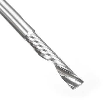 Amana Tool 57333 Broca para fresadora CNC de corte descendente métrica SC espiral O de un solo filo, corte de plástico 6 D x 30 CH x 6 SHK x 76mm de largo con acabado de espejo
