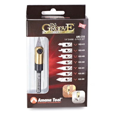 Amana Tool AMS-210 In-Groove 8 Piece Engraving Router Bit Set, 1/4 Inch SHK Tool Body with Seven Solid Carbide Insert Knives