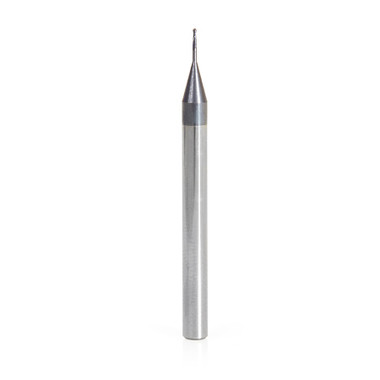 Amana Tool 51741 Mini Solid Carbide Spiral for Steel, Stainless Steel & Composites, AlTiN Coated 0.010 Radius x 0.020 Dia x 0.060 Cut Height x 1/8 Shank x 1-1/2 Inch Long Up-Cut 2-Flute Ball End Router Bit/End Mill