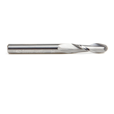 Amana Tool 46379 SC Punta esférica en espiral de corte ascendente 1/8 R x 1/4 D x 7/8 CH x 1/4 SHK x 2-1/2 pulgadas de largo x 2 ranuras para fresadora con acabado de espejo alto
