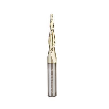 Amana Tool 46252-S CNC 2D and 3D Carving 5.5 Deg Tapered Angle Ball Nose x 1/16 D x 1/32 R x 1 CH x 1/4 SHK x 2-1/4 Inch Long x 2 Flute SC ZrN Coated Upcut Router Bit