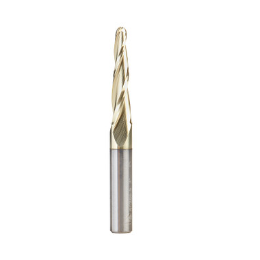 Amana Tool 46286-S CNC 2D and 3D Carving 3.6 Deg Tapered Angle Ball Nose x 1/8 D x 1/16 R x 1 CH x 1/4 SHK x 2-1/4 Inch Long x 3 Flute SC ZrN Coated Upcut Router Bit