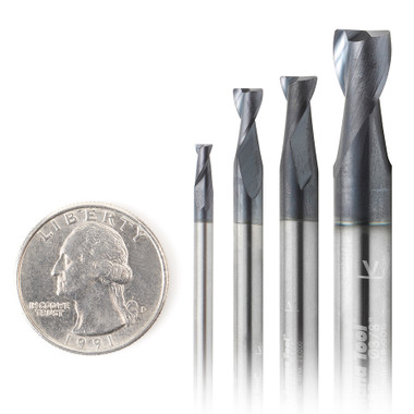 Amana Tool AMS-154 4-Pack Spiral 1/8, 3/16, 1/4, and 3/8 D, Stainless Steel & Non-Ferrous Metal Cutting with AlTiN Coating Upcut Router Bit / 45 Deg Corner Chamfer End Mill