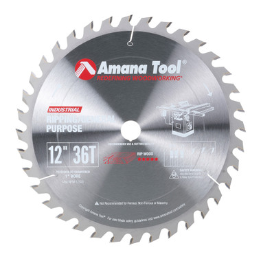 Amana Tool 612360 Carbide Tipped General Purpose 12 Inch D x 36T ATB, 15 Deg, 1 Inch Bore, Circular Saw Blade