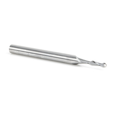 Amana Tool 46385 Fraise à surfacer en carbure monobloc à nez sphérique 1/16 de rayon x 1/8 de diamètre x 1/2 de hauteur de coupe x 1/4 de queue x 3 pouces de long x 2 goujures avec finition miroir.