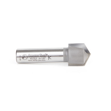 Amana Tool 45753 Hartmetall bestückt V-Nut 120 Grad x 19,5 mm (49/64) D x 5 mm CH x 1/2 Zoll SHK Router Bit