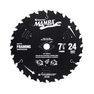 Amana Tool MA7240 Carbide Tipped Thin Kerf Framing and Decking Mamba Contractor Series 7-1/4 Inch D x 24T, ATB, 18 Deg, 5/8 Bore with Diamond Knockout Circular Saw Blade
