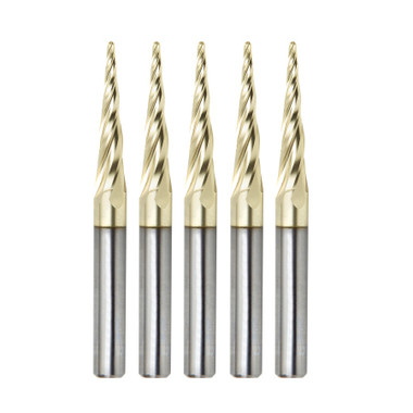 Amana Tool 46282-5, 5-Pack CNC 2D y 3D Tallado 5.4 Deg Ángulo Cónico Punta de Bola x 1/16 D x 1/32 R x 1 CH x 1/4 SHK x 3 Pulgadas de Largo x 4 Flautas SC ZrN Recubierto Upcut Router Bits