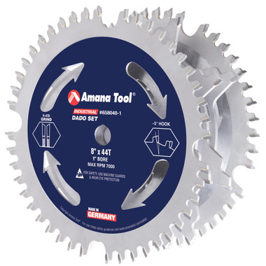 Amana Tool 658040-1 Carbide Tipped Dado 8 Inch D x 44T High-ATB Grind, -5 Deg, 1 Inch Bore, Dado Set with Five 4-Wing Chippers