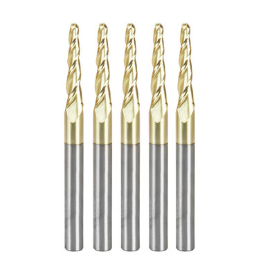 Amana Tool 46286-5, 5-Pack CNC 2D and 3D Carving 3.6 Deg Tapered Angle Ball Nose x 1/8 D x 1/16 R x 1 CH x 1/4 SHK x 3 Inch Long x 3 Flute SC ZrN Coated Upcut Router Bits