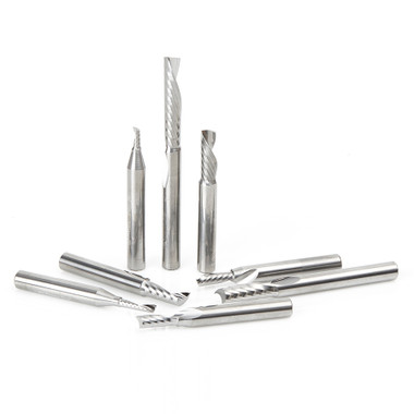 Amana Tool AMS-160 8-Pc CNC Aluminum Cutting Solid Carbide Spiral O Flute 1/4 Inch SHK Router Bit Collection