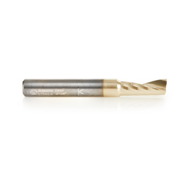 Amana Tool 57344-Z SC Fresa espiral O de un solo filo, acabado superficial mejorado, para corte de aluminio 1/4 D x 5/8 CH x 1/4 SHK x 2 pulgadas de largo Fresa de corte ascendente revestida de ZrN con acabado de espejo