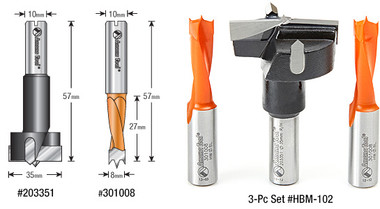 3-PC Hartmetall bestückt Brad Point & Hinge Boring Bit Set