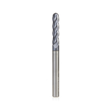 Amana Tool 51800 High Performance CNC Solid Carbide Variable Helix Spiral Ball Nose with AlTiN Coating for Steel, Stainless Steel & Composites 1/8 R x 1/4 Dia x 1-1/8 Cut Height x 1/4 Shank x 3 Inches Long Up-Cut 4-Flute End Mill/Router Bit