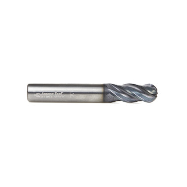 Amana Tool 51802 Fresa CNC de metal duro de alto rendimiento con punta esférica en espiral de hélice variable con recubrimiento de AlTiN para acero, acero inoxidable y materiales compuestos 3/16 R x 3/8 Dia x 7/8 Altura de corte x 3/8 Vástago x 2-1/2 Pulgadas de largo Fresa de 4 filos / Fresa de ranurar