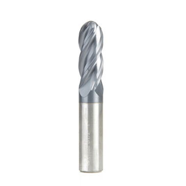 Amana Tool 51806 Fresa CNC de metal duro de alto rendimiento con punta esférica en espiral de hélice variable con recubrimiento de AlTiN para acero, acero inoxidable y materiales compuestos 1/4 R x 1/2 Dia x 1-1/4 Altura de corte x 1/2 Vástago x 3 Pulgadas de largo de corte ascendente de 4 filos Fresa / Fresa de ranurar