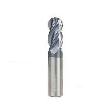 Amana Tool 51808 Fresa CNC de metal duro de alto rendimiento con punta esférica en espiral de hélice variable con recubrimiento de AlTiN para acero, acero inoxidable y materiales compuestos 3/8 R x 3/4 Dia x 1-1/2 Altura de corte x 3/4 Vástago x 4 Pulgadas de largo de corte ascendente de 4 filos Fresa / Fresa de ranurar