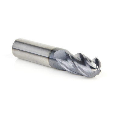 Amana Tool 51808 Fresa CNC de metal duro de alto rendimiento con punta esférica en espiral de hélice variable con recubrimiento de AlTiN para acero, acero inoxidable y materiales compuestos 3/8 R x 3/4 Dia x 1-1/2 Altura de corte x 3/4 Vástago x 4 Pulgadas de largo de corte ascendente de 4 filos Fresa / Fresa de ranurar