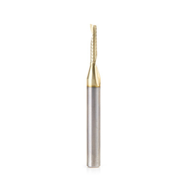 Amana Tool 51482-Z CNC SC Spiral O Single Flute, Aluminum Cutting 1/8 D x 5/8 CH x 1/4 SHK x 2-1/2 Inch Long Up-Cut ZrN Coated Router Bit with Mirror Finish