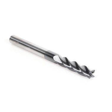 Amana Tool 51606 SC Espiral para acero, acero inoxidable y metales no férricos con recubrimiento de AlTiN Fresa de 4 filos x 1/4 D x 1-1/8 CH x 1/4 SHK x 3 pulgadas de longitud para fresar en corte ascendente / Fresa de 45 grados para chaflanar esquinas