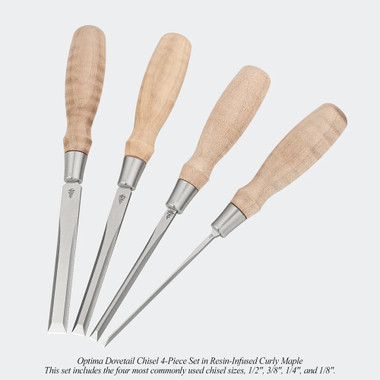 Blue Spruce Toolworks DVTSET4STSSCM Dovetail Set 4 Piece Ss Ferrule, Standard, Curly Maple Handle