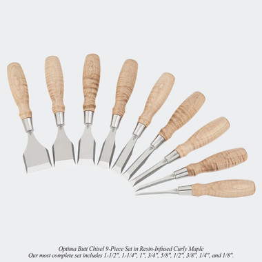 Blue Spruce Toolworks BTC114STSSCM Butt Chisel, 1-1/4 (1.250), 31.8MM, Ss Ferrule, Standard, Curly Maple Handle