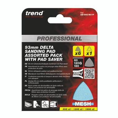Trend 3-11/16 Inch Delta Mesh Sanding Pads with Pad Saver for Multi-Tools, 80/120/180 Grit, 7 Pack, Dust-Free Abrasive for Corners and Edges, AB/OSC/M7/P