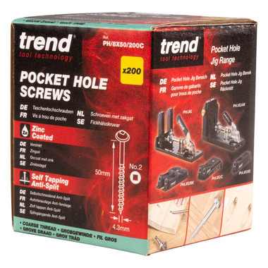 Trend Pocket Hole Screws for Softwoods, 2 Inch Long, Pack of 200, Coarse Self-Cutting Threaded Square Drive Screws, PH/8X50/200C