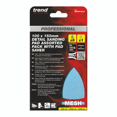 Trend 4 x 6 Inch Mesh Detail Sanding Pads with Pad Saver, 80/120/180 Grit, 7 Pack, Dust-Free Multi-Grit Abrasive for Wood, Paint, Filler, AB/DET/M7/P