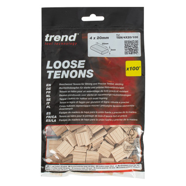 Trend 100pcs Beechwood Loose Tenons, 5/32 Inch x 13/16 Inch (4 x 20mm), for Woodworking, Joinery, and Furniture Framing, Compatible with Festool Domino Machine, TEN/4X20/100
