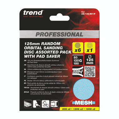 Trend 5 Inch Mesh Sanding Discs with Pad Saver for Random Orbital Sanders, 80/120/180 Grit, 7 Pack, Dust-Free Multi-Grit Abrasive for Wood, Paint, Filler, AB/125/M7/P