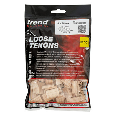 Trend 100pcs Beechwood Loose Tenons, 3/16 Inch x 1 3/16 Inches (5 x 30mm), for Woodworking, Joinery, and Furniture Framing, Compatible with Festool Domino Machine, TEN/5X30/100