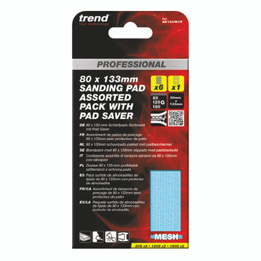 Trend Detail Mesh Sanding Pads with Pad Saver, 80/120/180 Grit, 7 Pack, 3-1/8 x 5-1/4 Inch Abrasive for Multi-Material Finishing and Smoothing, AB/133/M7/P