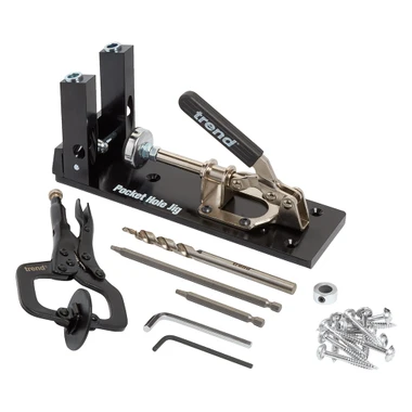 Trend Pocket Hole Jig Kit with Dual Column Jig, Face Clamp, HSS Drill Bit & Depth Setting Collar, 2 Square Bit Drives & 100 Pocket Hole Screws, PH/JIG/FC