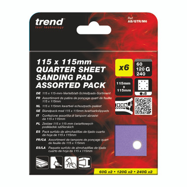 Trend 4-1/2 x 4-1/2 Inch Quarter Sheet Sanding Pads, 60/120/240 Grit, 6 Pack, Film Abrasive with Hook and Loop Fixing for Wood, Paint, Metal, AB/QTR/M6