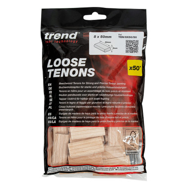 Trend 50pcs Beechwood Loose Tenons, 5/16 Inch x 1 31/32 Inches (8 x 50mm), for Woodworking, Joinery, and Furniture Framing, Compatible with Festool Domino Machine, TEN/8X50/50