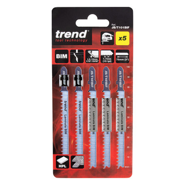 Trend 5-Piece Jigsaw Blade Set, Bi-Metal M42 Steel, T-Shank, For Straight Cuts in Laminate, Hardwood, HPL and Plywood, JB/T101BIF