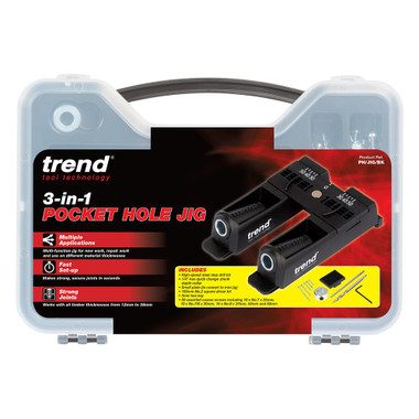 Trend 3 in 1 Pocket Hole Jig Kit with Pocket Hole Jig, HSS Drill Bit & Depth Setting Collar, Square Drive Bit, 50 Screws & Kit Storage Case, PH/JIG/BK