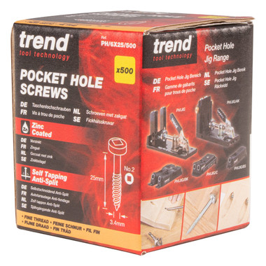 Trend Pocket Hole Screws for Hardwoods, 1 Inch Long, Pack of 500, Fine Self-Cutting Threaded Square Drive Screws, PH/6X25/500