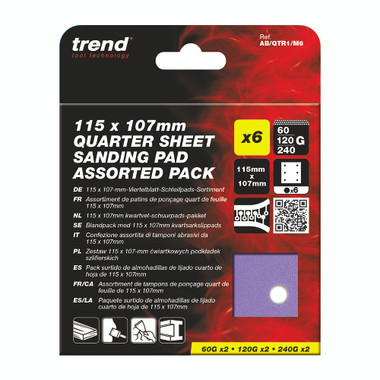 Trend 4-1/2 x 4-1/4 Inch Quarter Sheet Sanding Pads, 60/120/240 Grit, 6 Pack, Film Abrasive for Wood, Paint, Filler, AB/QTR1/M6