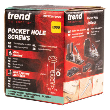 Trend Pocket Hole Screws for Softwoods, 1 Inch Long, Pack of 500, Coarse Self-Cutting Threaded Square Drive Screws, PH/7X25/500C