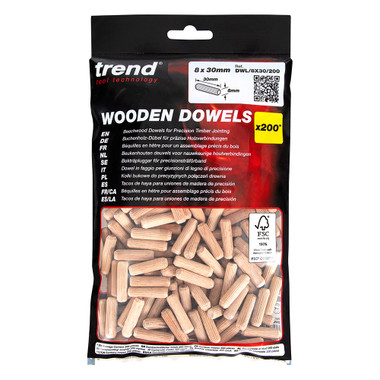 Trend Wooden Dowels, 5/16 x 1-3/16 Inch, 200 Pack, Beechwood with Full-Length Glue Grooves, FSC Certified, DWL/8X30/200