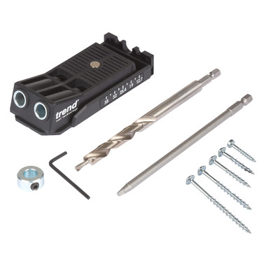 Trend Twin Pocket Hole Jig with HSS Drill Bit & Depth Setting Collar, Square Drive Bit & Pocket Hole Screws Selection, PH/JIG/C